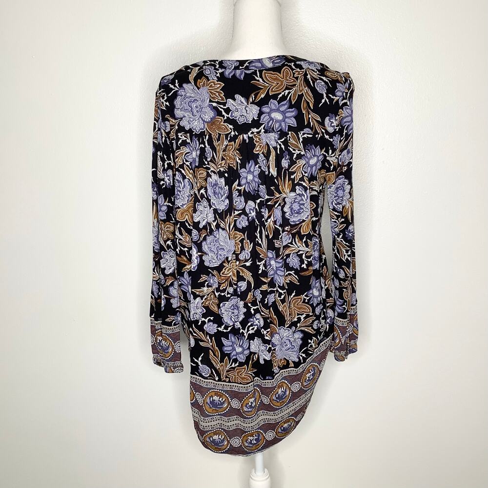 Lucky Brand Black Blue Tan Floral Print 3/4 Sleeve Boho Blouse Top Medium - Picture 5 of 7